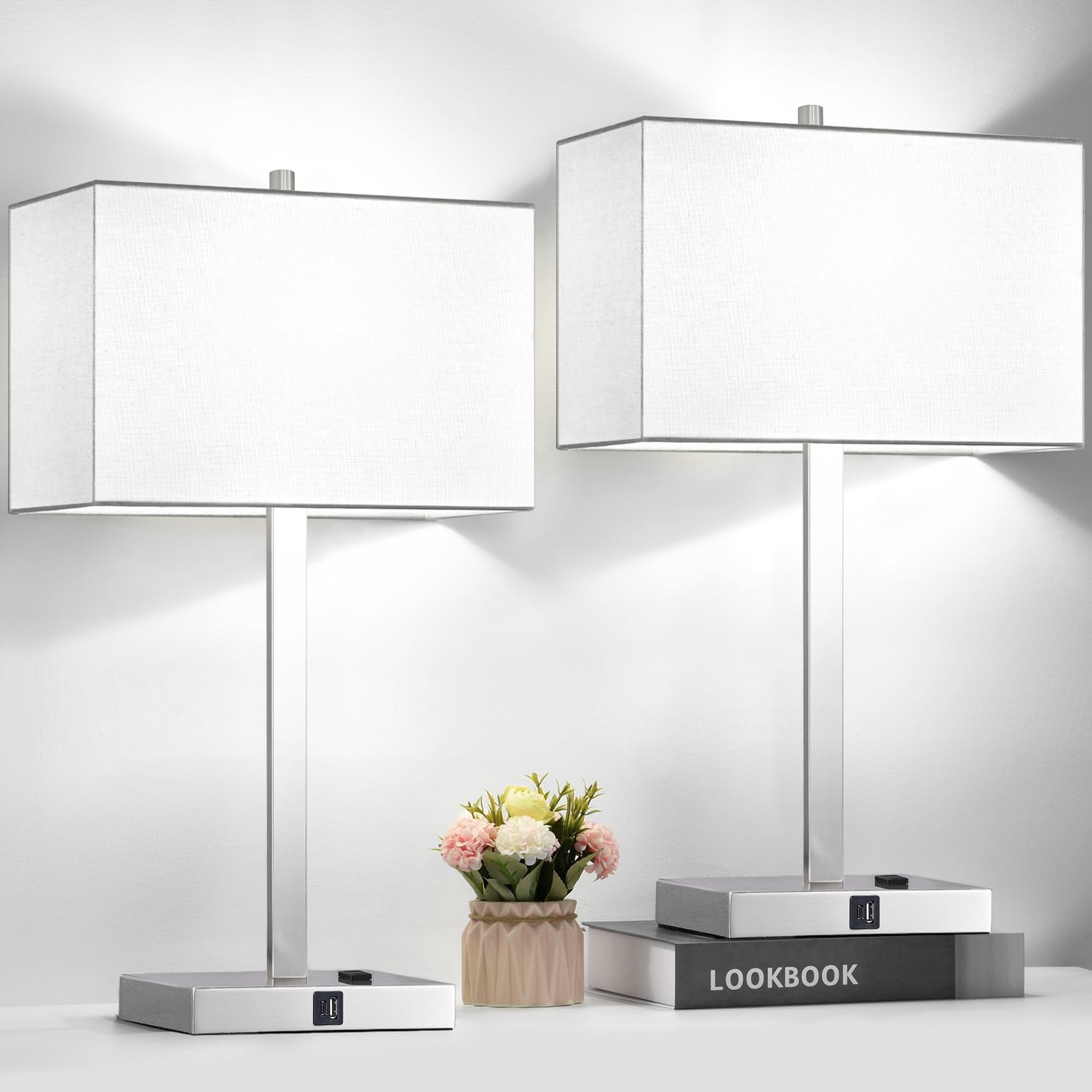 21in Set of 2 Touch Control Table Lamps with USB & AC Outlets