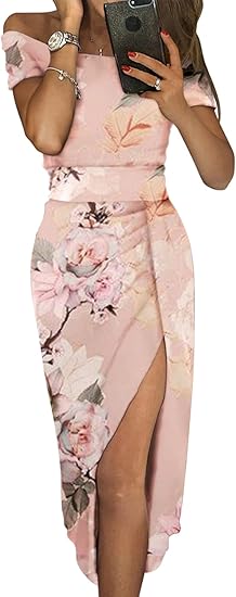 Sidefeel Womens Casual Off The Shoulder Floral Print Dress