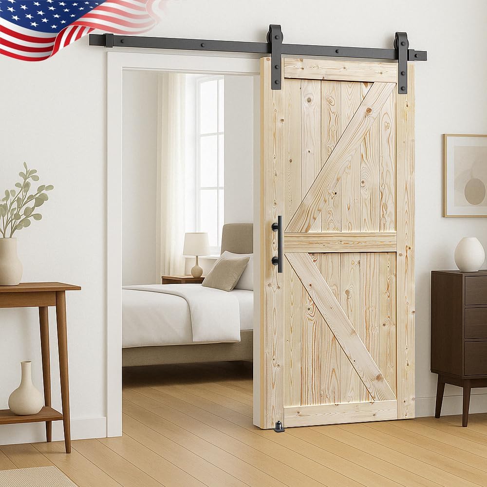 Unfinished British Brace Knotty Barn Door with Sliding Hardware