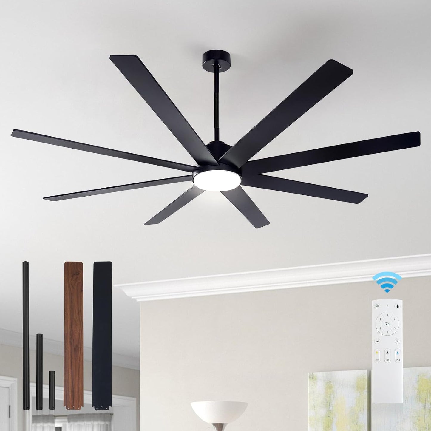 72Inch Large Black Ceiling Fan with Light and Remote Control