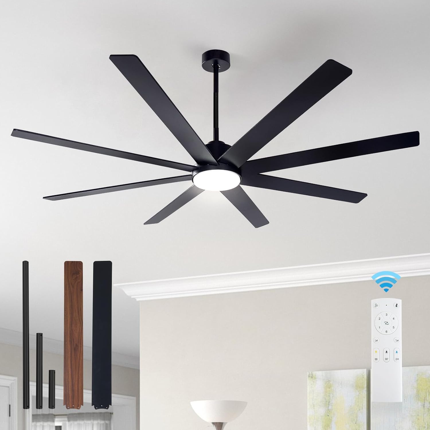 72Inch Large Black Ceiling Fan with Light and Remote Control