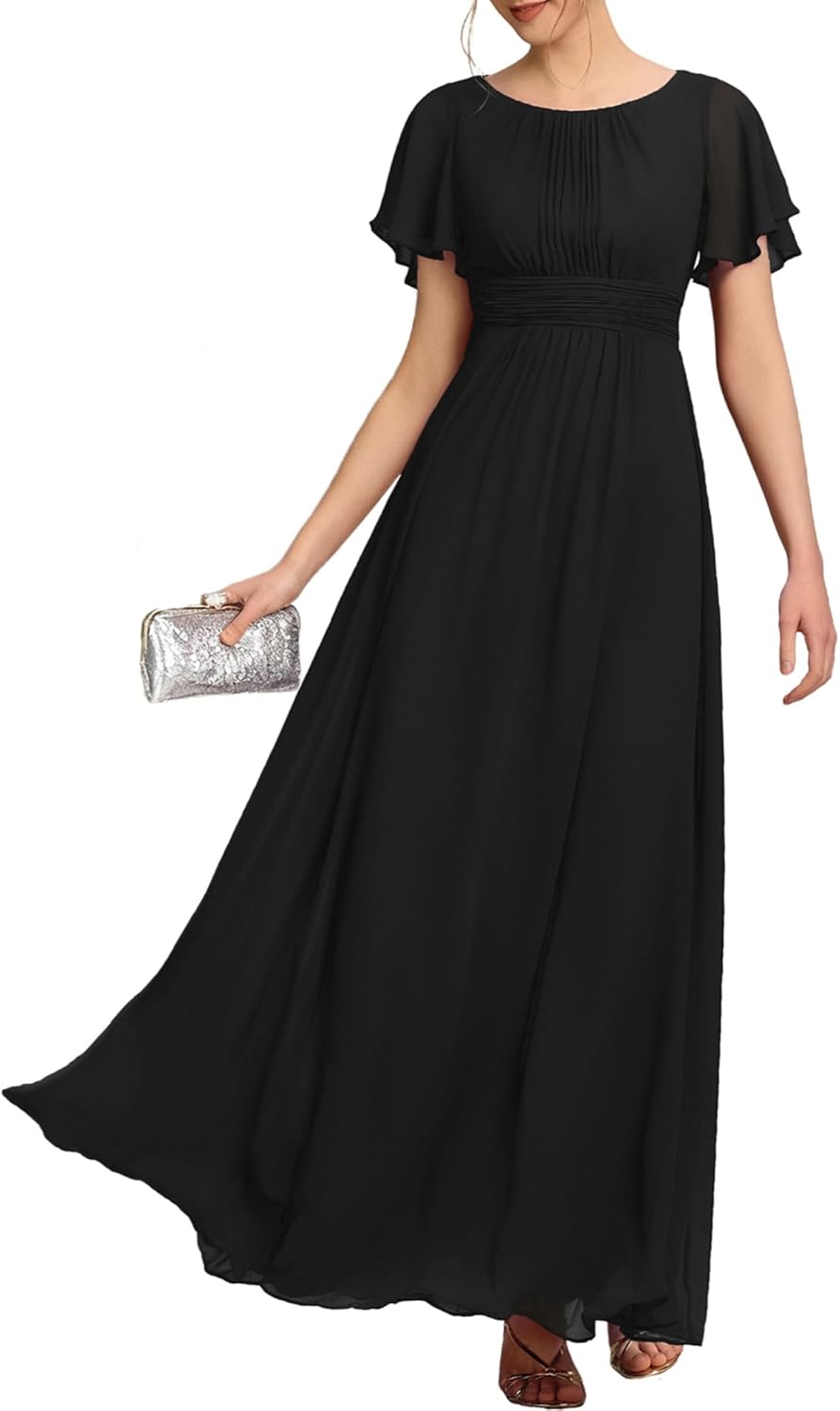 Elegant Round Neck Short Sleeve Chiffon Empire Waist Dress
