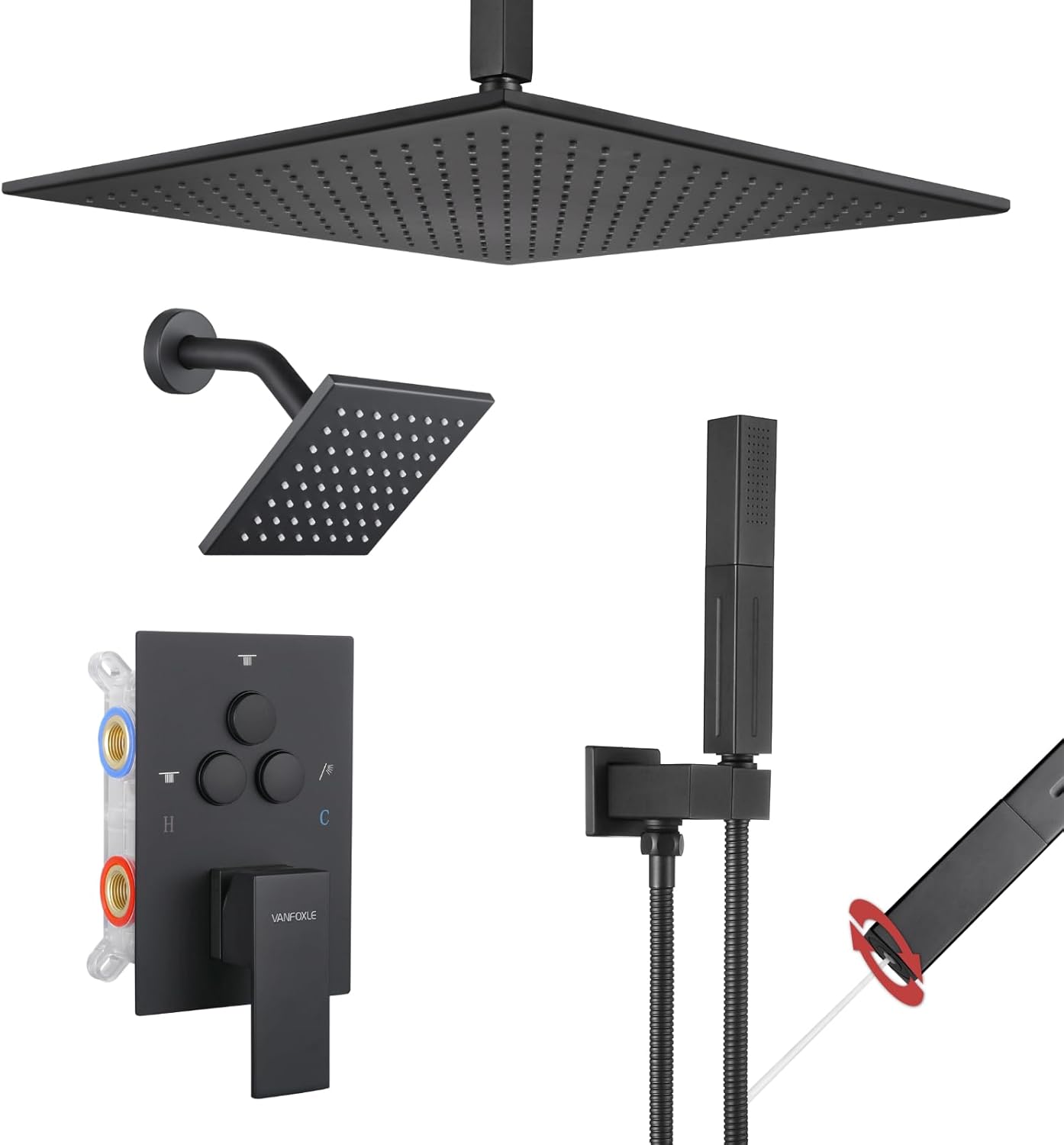 VANFOXLE Shower Faucet Set Matte Black with Push Button Diverter