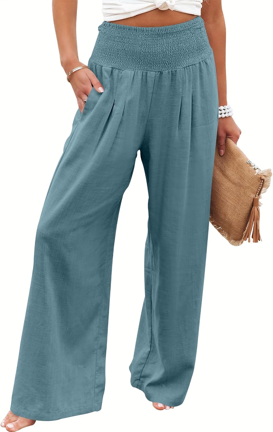 Linen Palazzo Pants for Women - Boho Wide Leg High Waist Style