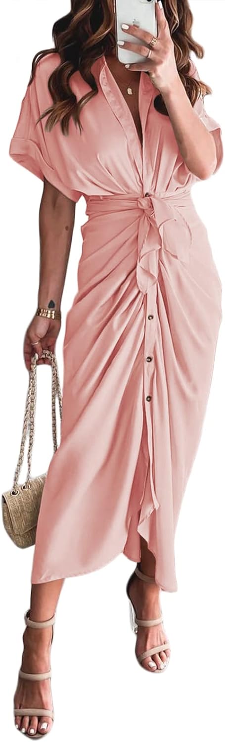 Elegant Satin Button Down Maxi Shirt Dress for Women