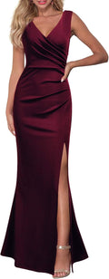 Women Sleeveless V Neck Split Evening Dress - Stretchy Polyester Fit