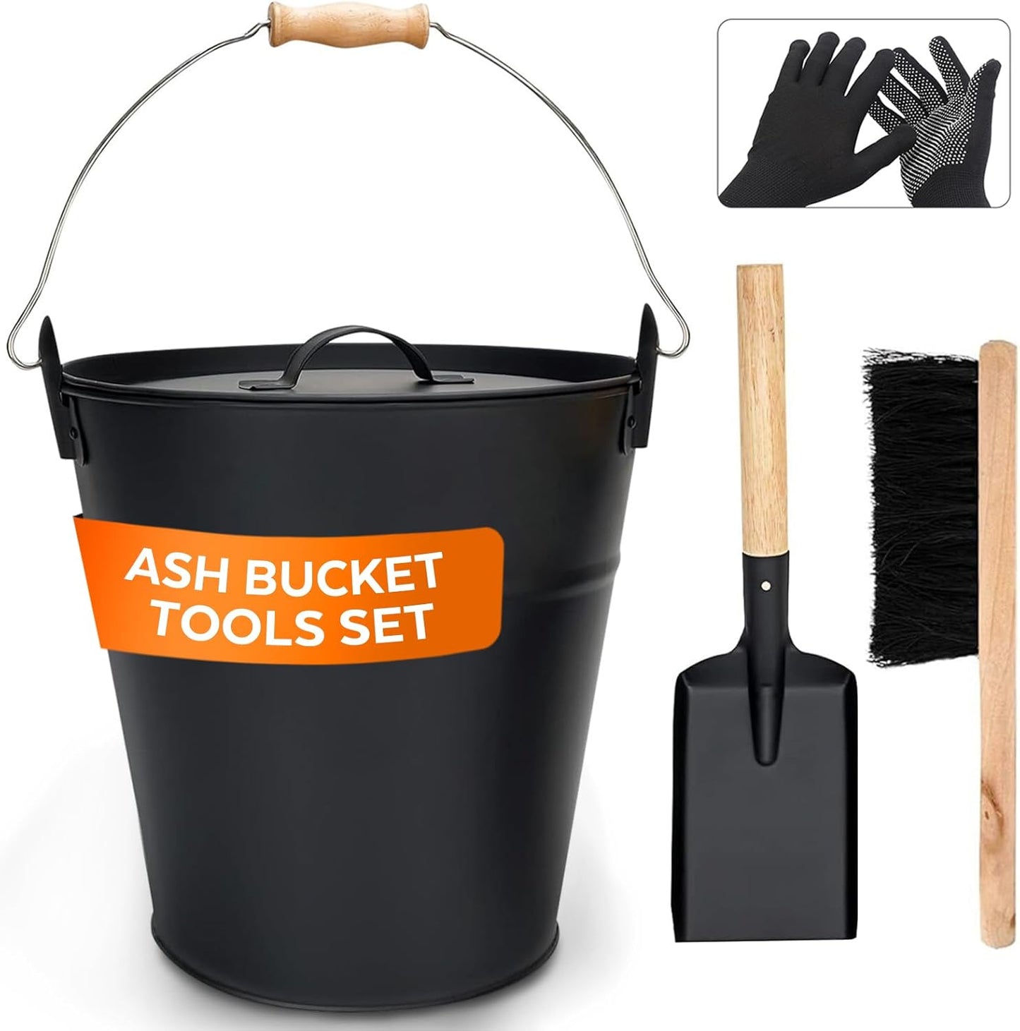 3.5 Gallon Metal Ash Bucket with Lid and Shovel for Fireplaces