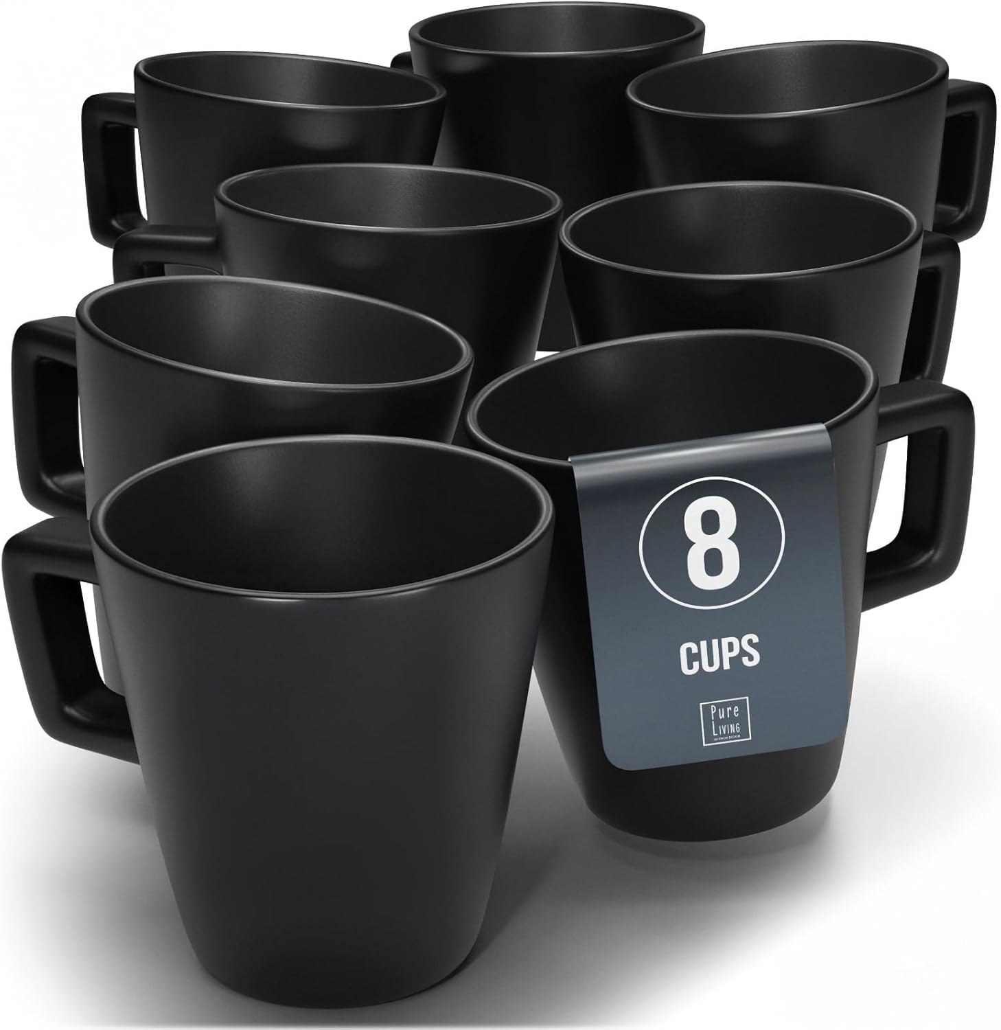 Stoneware Coffee Mugs Set of 8 - Matte Black Ceramic Cups