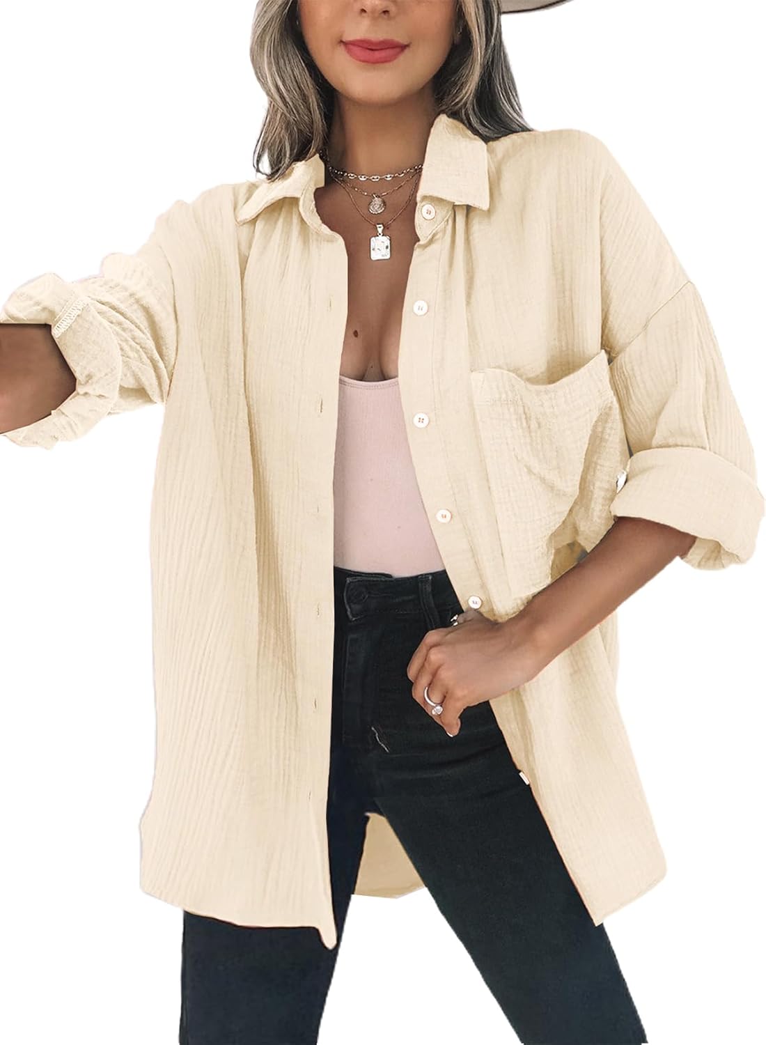 Dokotoo Womens Color Block Button Down Oversized Blouses