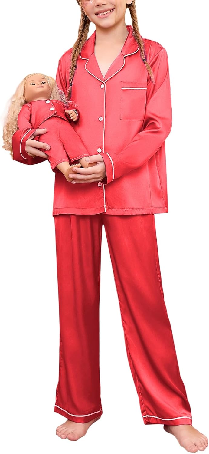 Matching Girls & Dolls Pjs Set Long Sleeve Silk Pajamas
