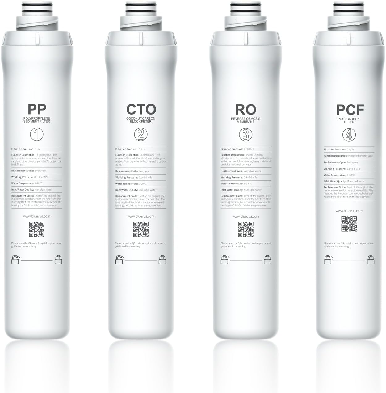 Bluevua RO100ROPOT 4-Pack Replacement Filter Set for Clean Water