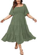 Plus Size Flowy Maxi Dress Square Neck Smocked - Flattering Fit