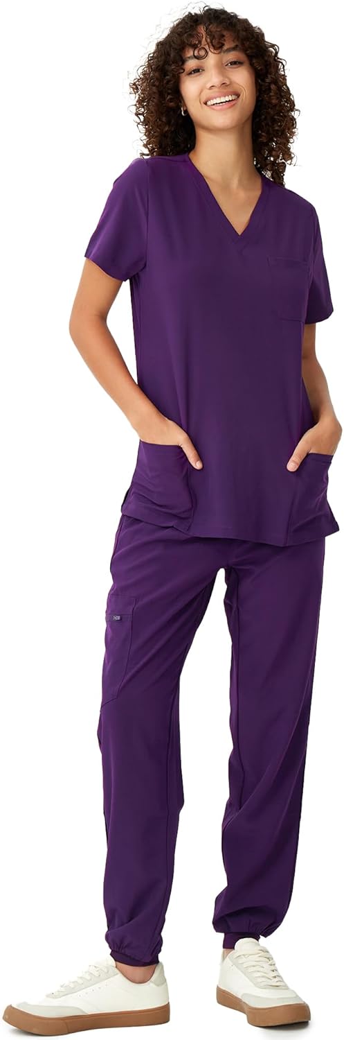 Women's V-Neck Scrubs Top & Cargo Pants Set with 10 Pockets