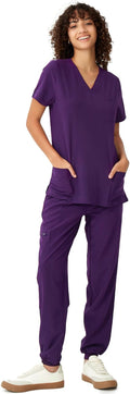 Women's V-Neck Scrubs Top & Cargo Pants Set - 10 Pockets, 4-Way making