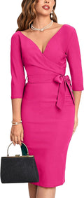 Women's MUXXN Vintage Faux Wrap V Neck Dress with 3/4 Sleeves