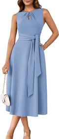 Women Sleeveless Tie Waist Midi Dress - Flowy A-Line Work & Party