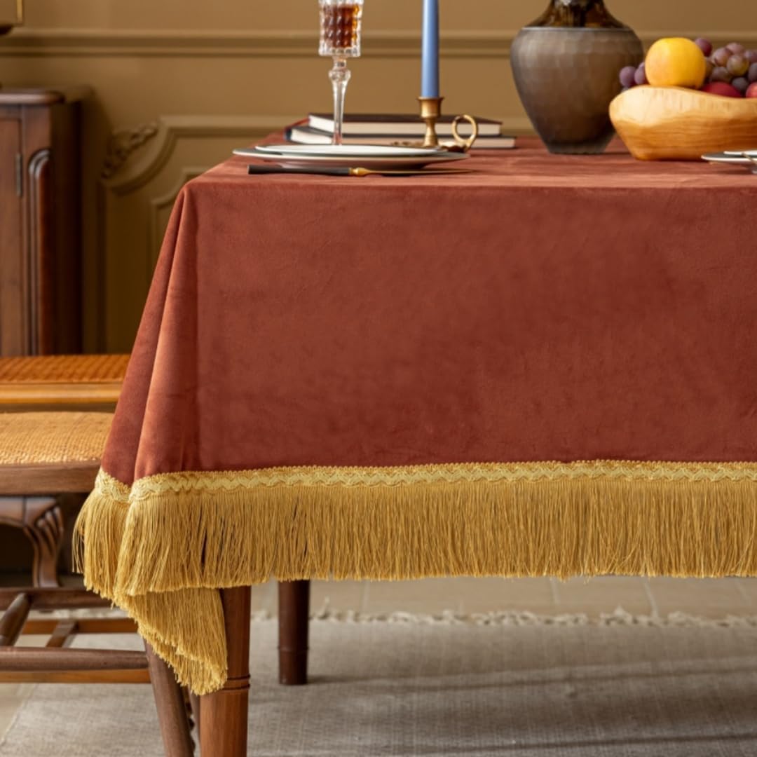 Luxury Burnt Orange Velvet Tablecloth with Gold Tassels 60x120-Inch