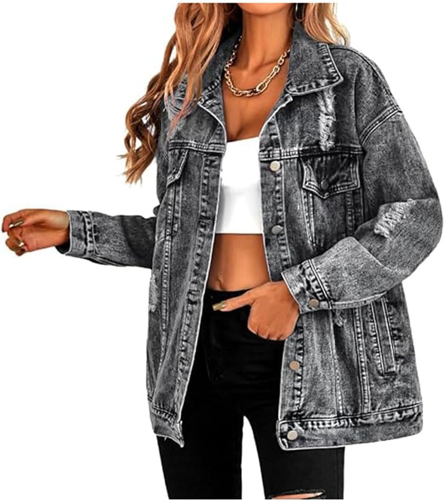 Oversized Boyfriend Denim Jacket for Women - Ripped Distressed Style