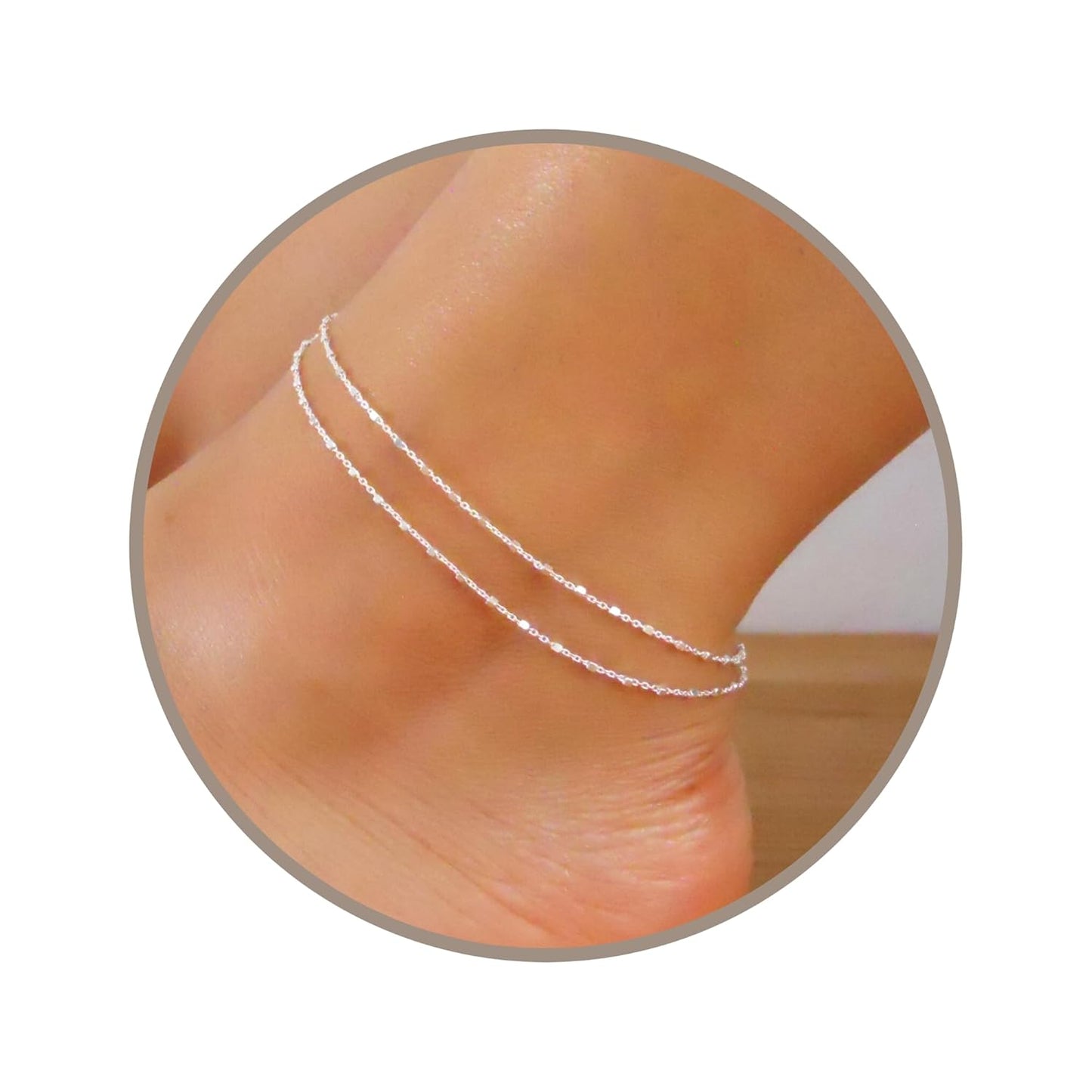 Dainty Sterling Silver Double Strand Ankle Bracelet for Women