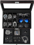 Watch Jewelry Box Organizer 6 Slot & 3 Sunglasses - Glass Lid Display