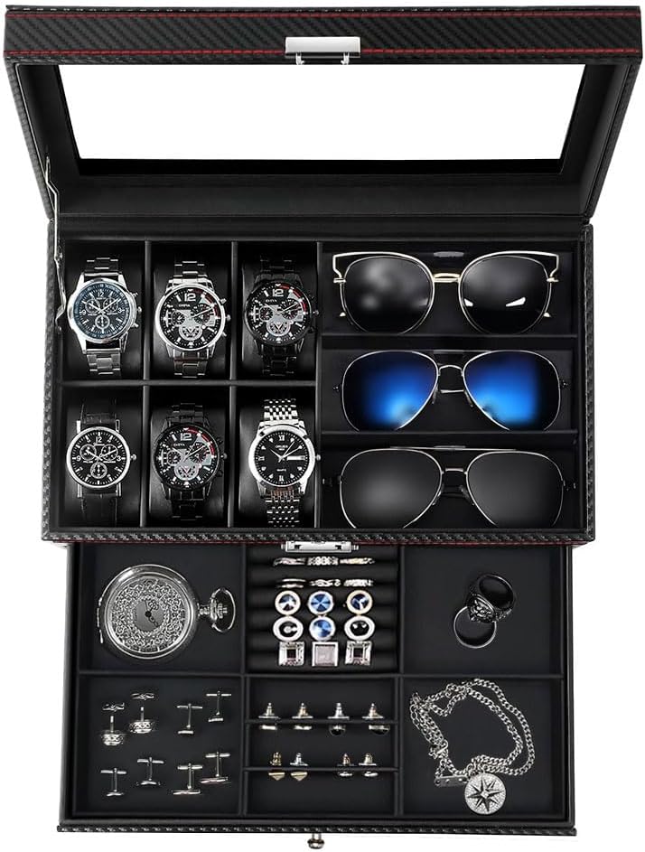 6-Slot Watch & Sunglasses Organizer with Glass Lid