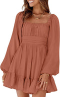 Womens Square Neck Lantern Sleeve Mini Dress - Flattering A-Line Fit