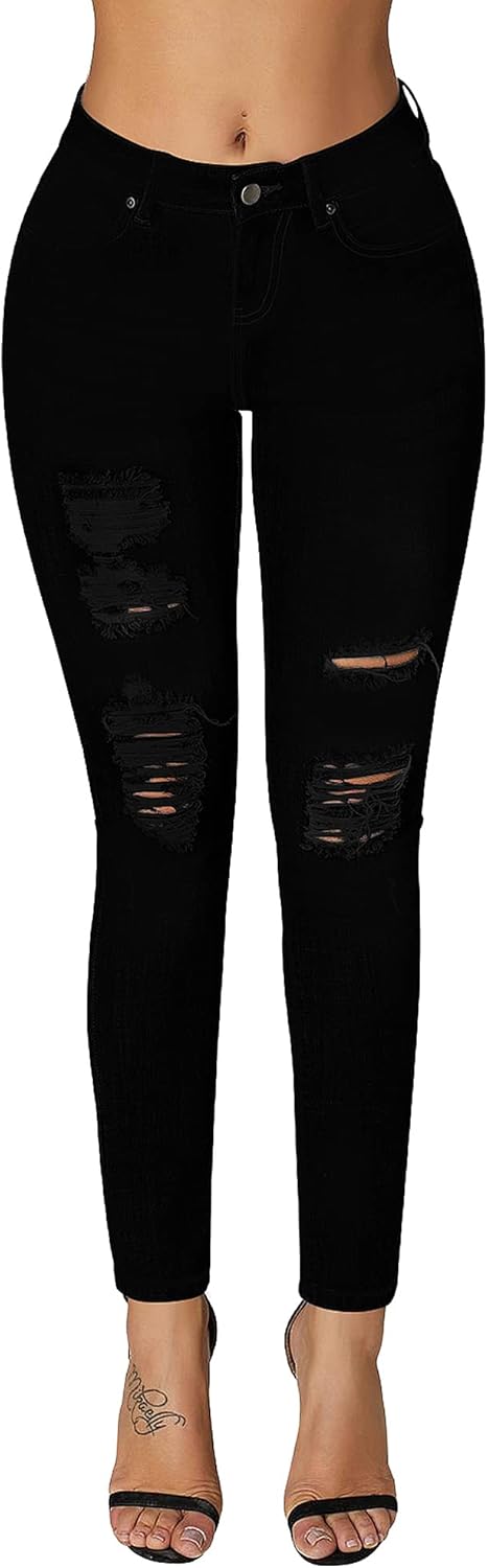 Roswear Women's Ripped Mid Rise Skinny Jeans for Stylish Comfort