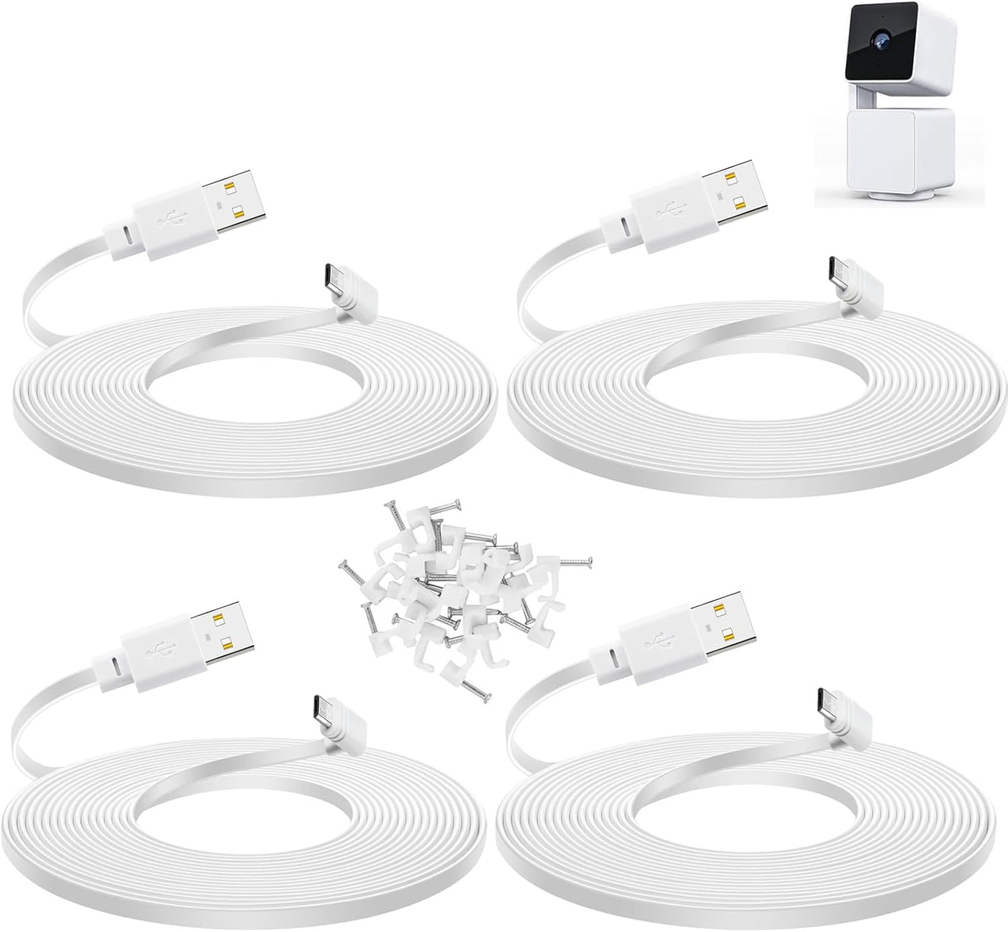 Long Flat Micro USB Cable for WYZE Cam Pan v3, 4-Pack