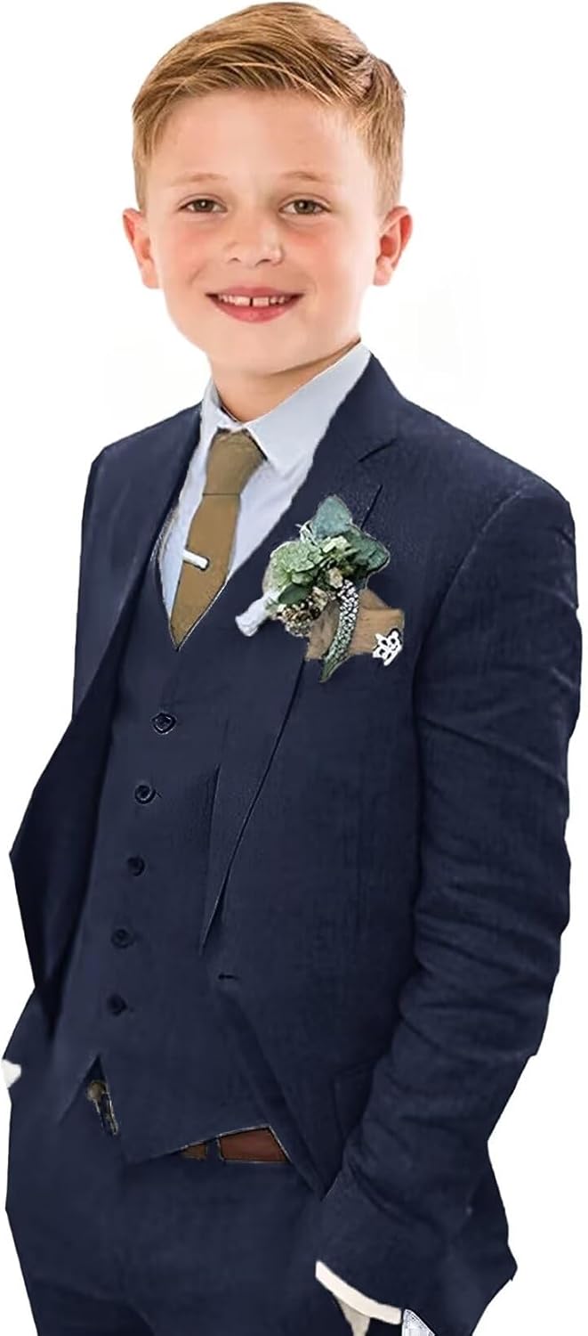 Boys Linen Suit Slim Fit 3 Piece Summer Beach Wedding Set