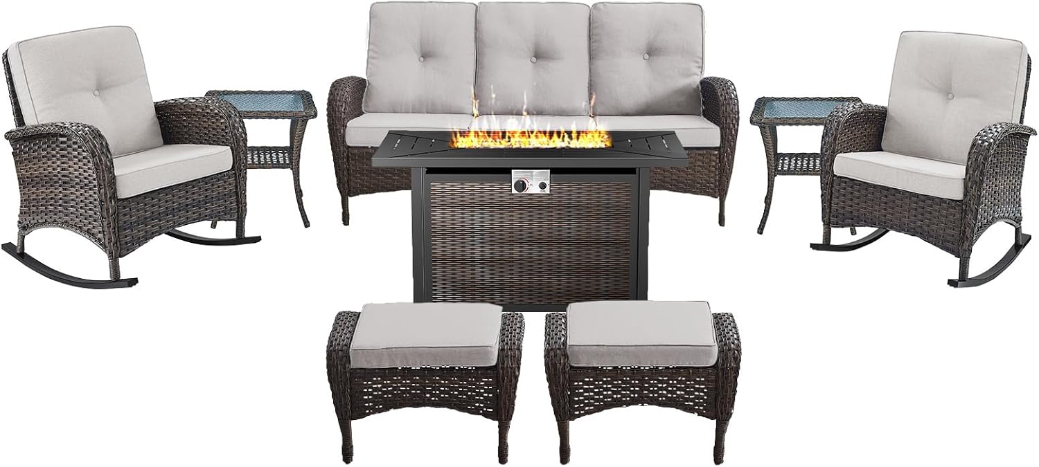 Patio Furniture Set with Fire Pit Table - 8 Piece Wicker Set