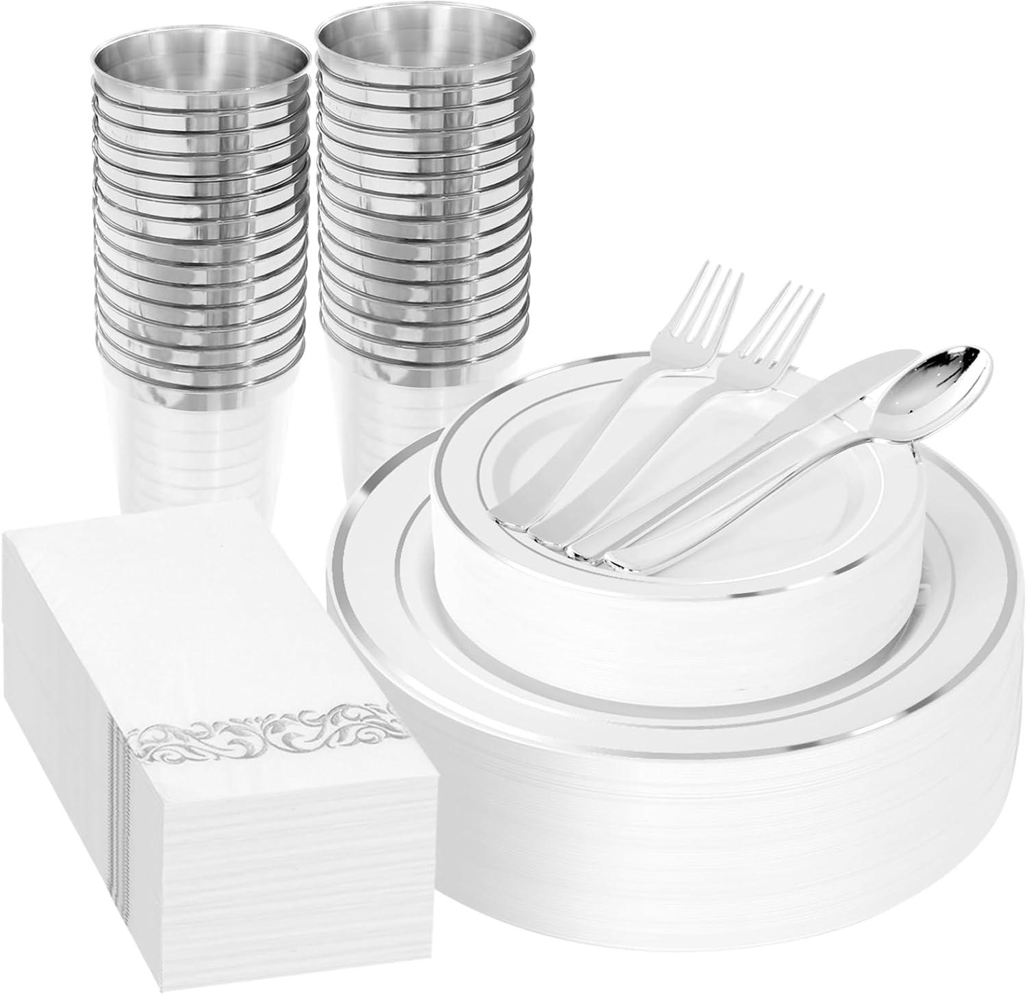 Supernal 200pcs Silver Plastic Dinnerware Set for 25 Guests