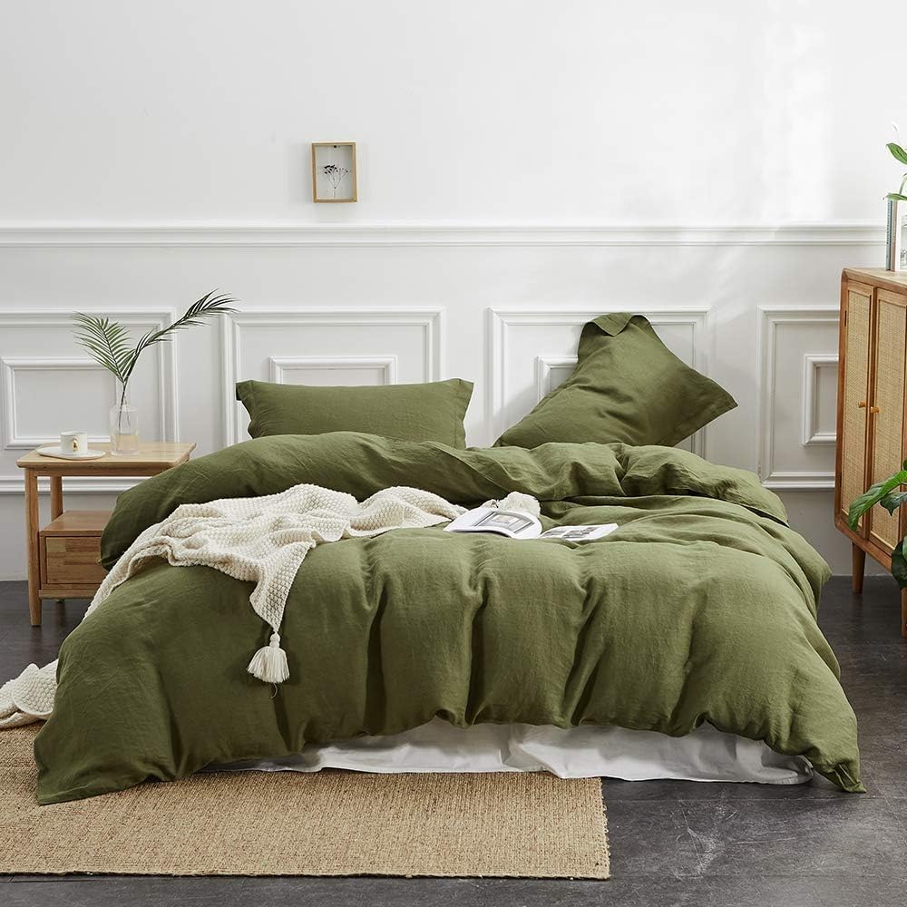 100% Linen Duvet Cover Set in Olive Green for Queen Size Beds