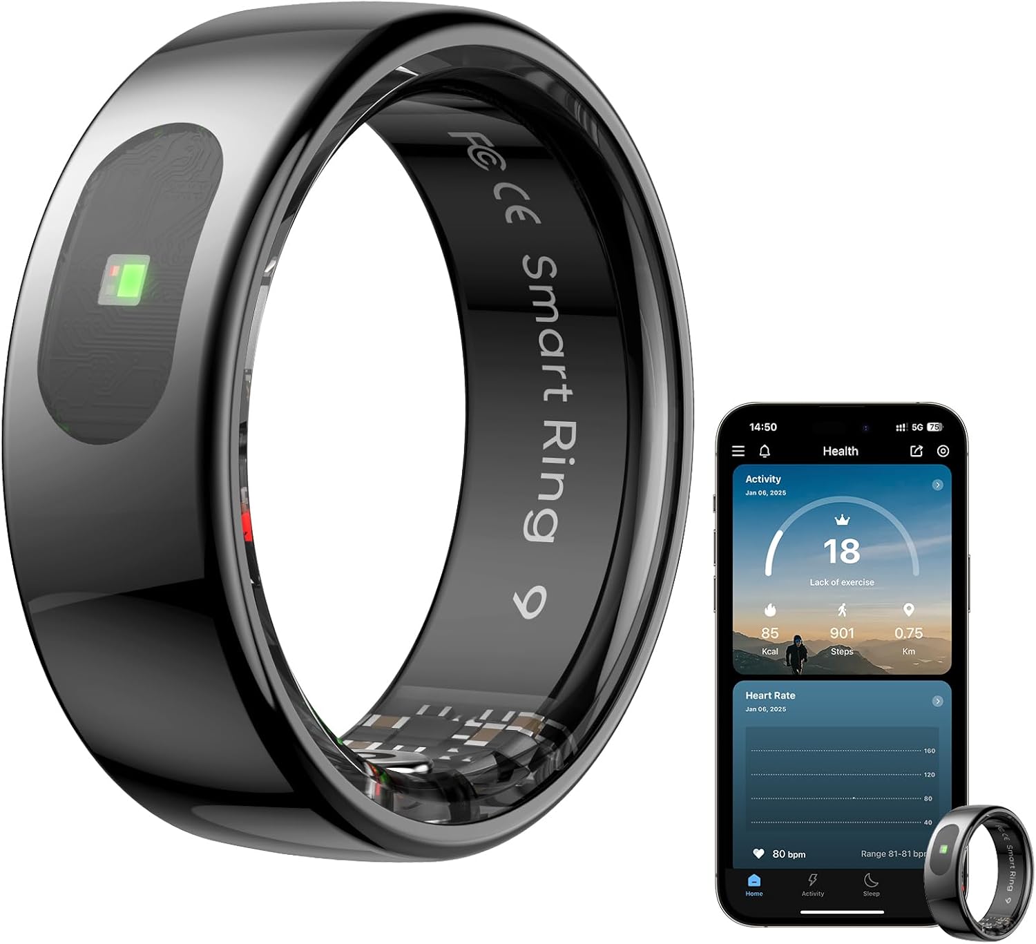 Weyrinice Smart Ring: Health & Fitness Tracking, Touch Control, No Subscription, iOS & Android (Black)