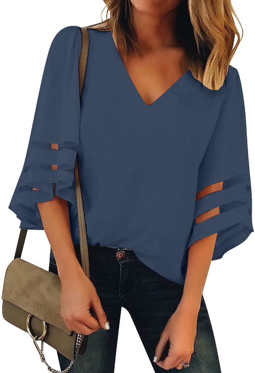 V Neck Mesh Panel Blouse for Women - Stylish 3/4 Sleeve Top