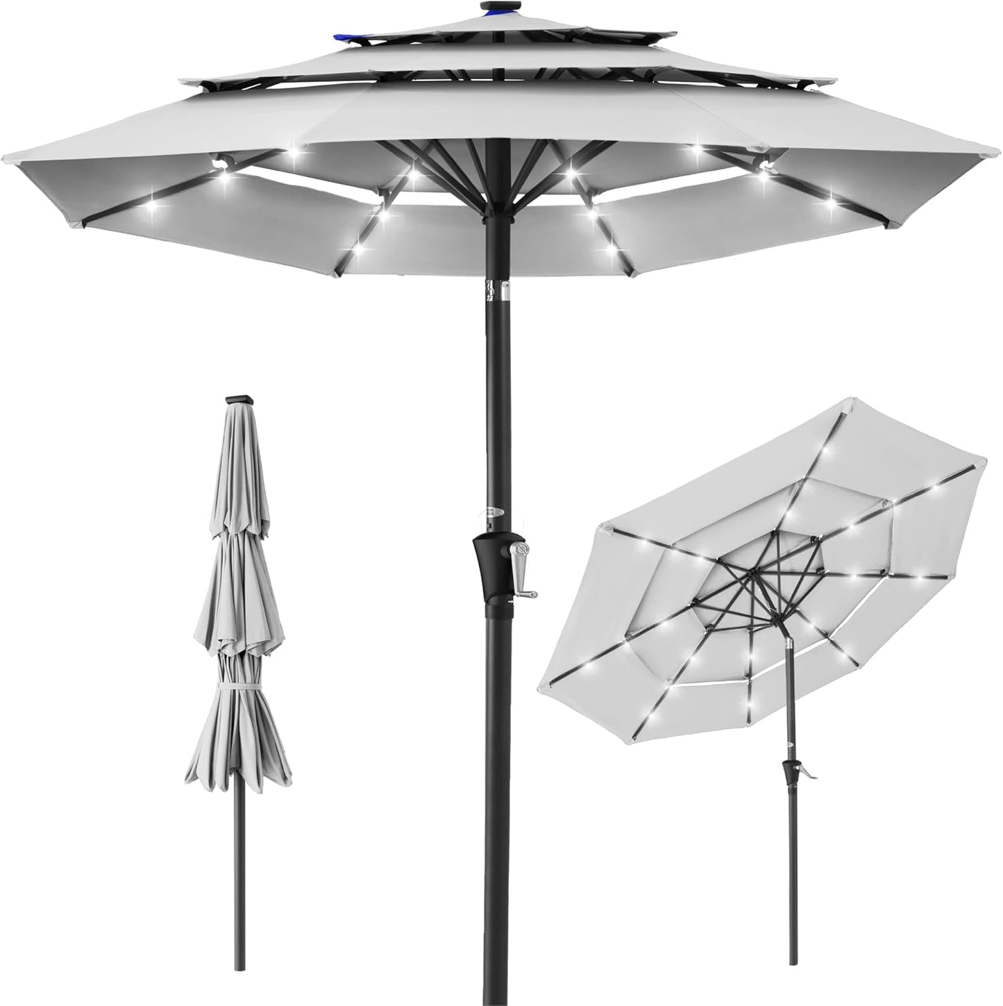 10ft 3-Tier Solar Patio Umbrella with LED Lights for Shade