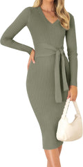 ZESICA Women's Ribbed Knit Midi Sweater Dress V Neck - Fall Bodycon