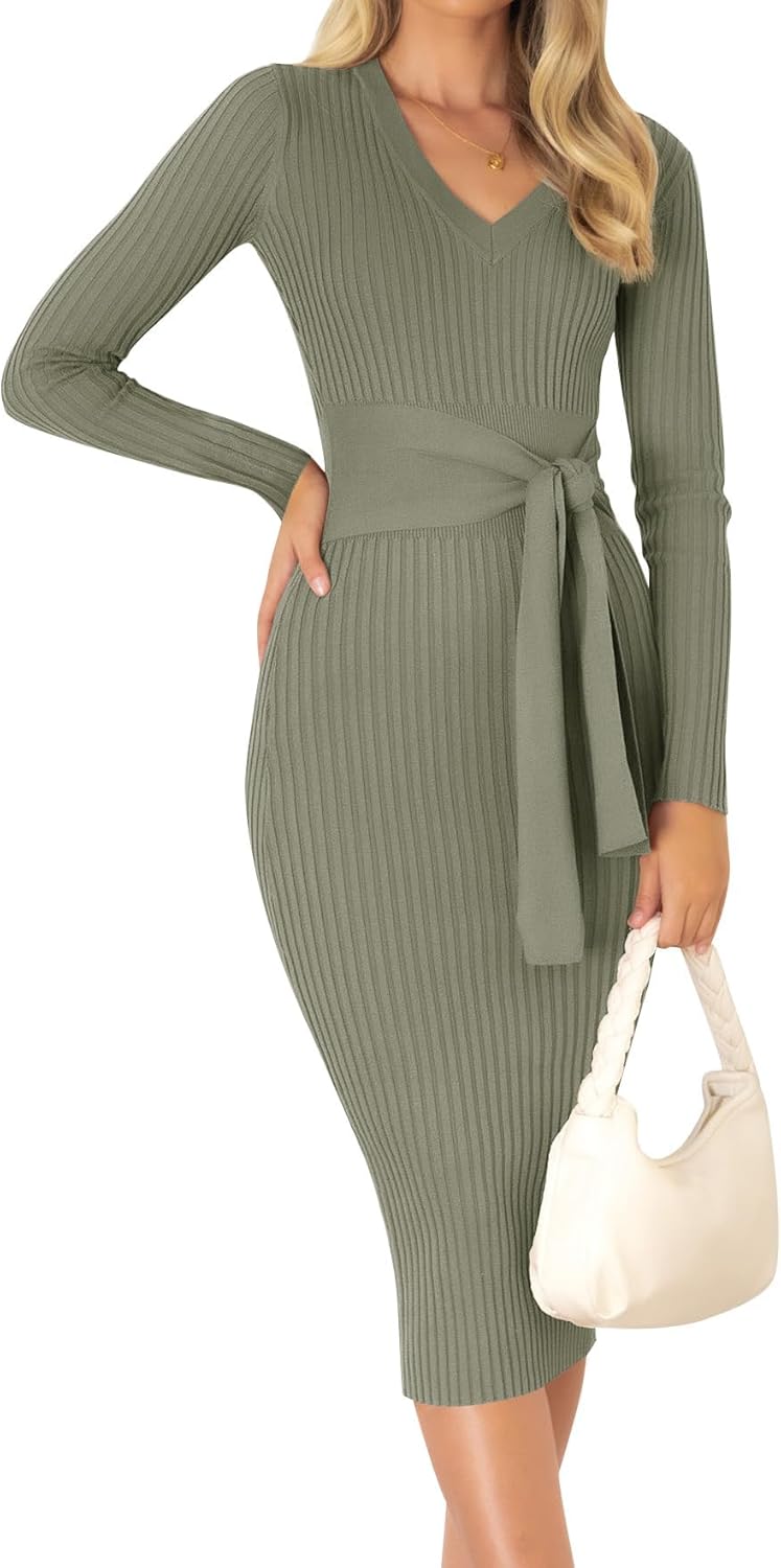 ZESICA Women's Fall Sweater Dress V Neck Long Sleeve Midi