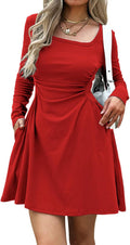 Women's Cotton Blend Square Neck Long Sleeve Mini Dress - With Pockets