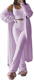 Women's Fuzzy 3-Piece Sweatsuit Lounge Set - Open Cardigan Crop Tank