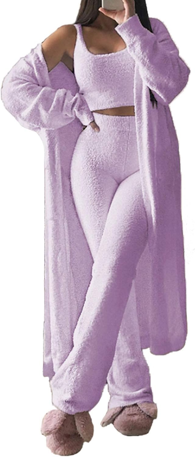 Stylish Women's Fuzzy 3 Piece Sweatsuit Lounge Set for Comfort