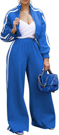 Women's Striped 2 Piece Sweatsuit Set - Crop Zipper Top & Wide Leg