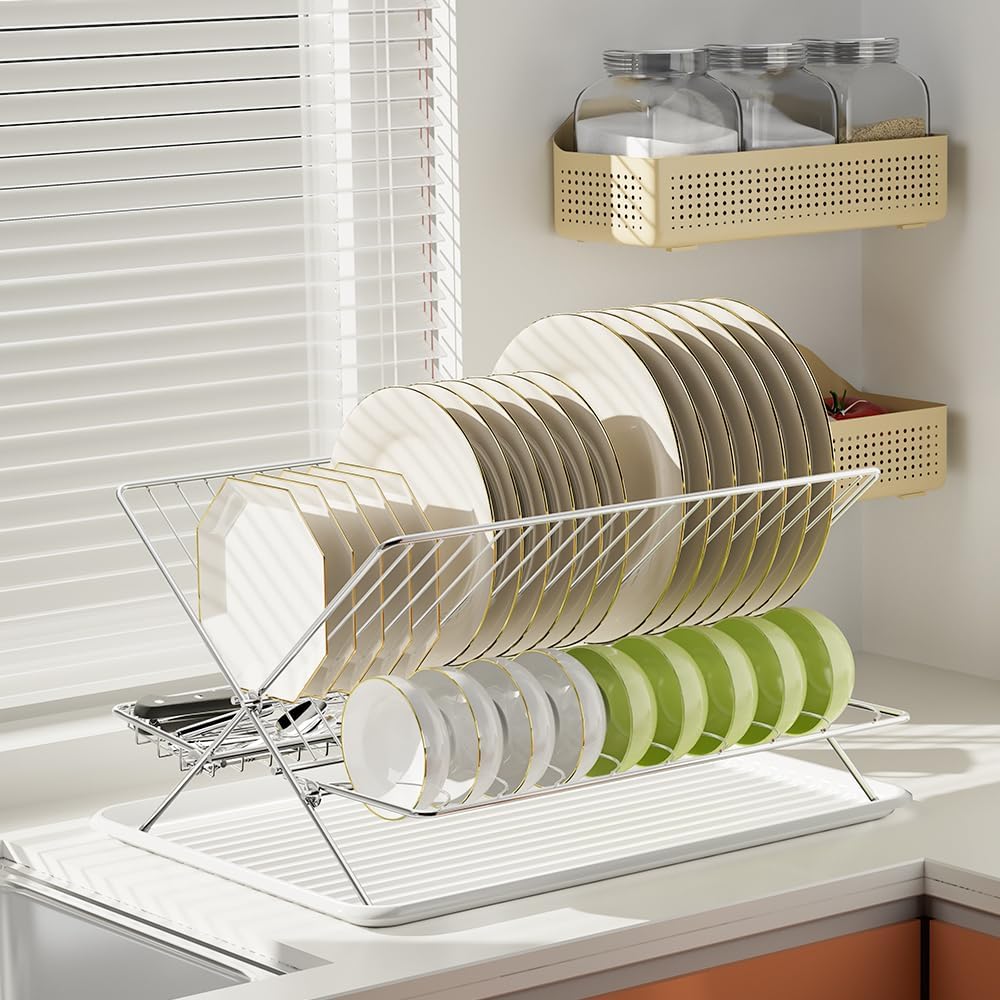 Dish Drying Rack with Drip Tray for Kitchen Counter Storage