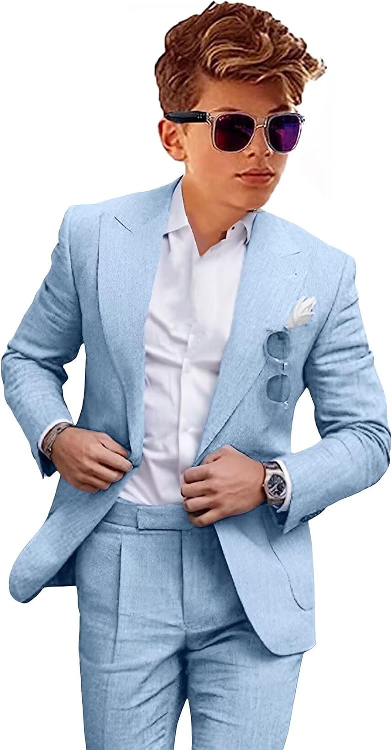 Boys Linen Suits Casual 2 Piece Summer Beach Wedding Tuxedo