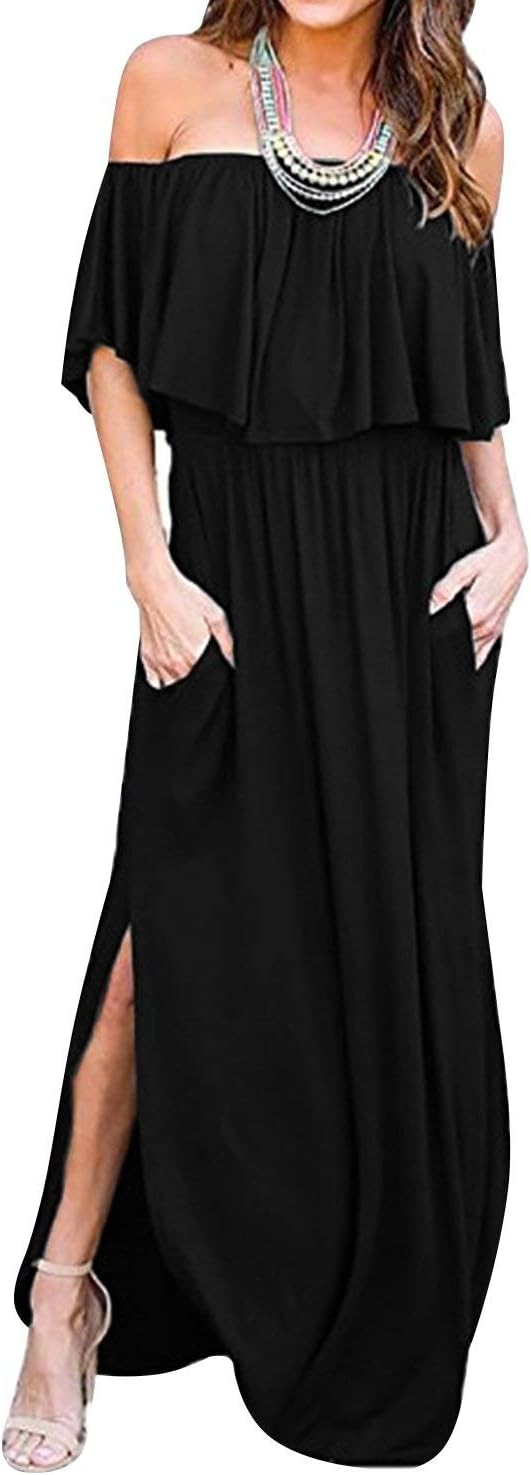 LILBETTER Womens Off The Shoulder Ruffle Maxi Dress for Summer