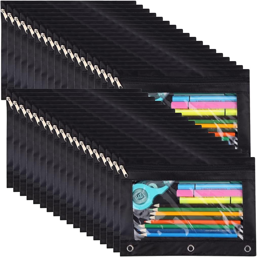 Zipper Pencil Pouch 36 Pack for 3 Ring Binder with Clear Window