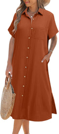 Women Button Down Shirt Dress Knee-Length Summer Casual - Soft Fabric