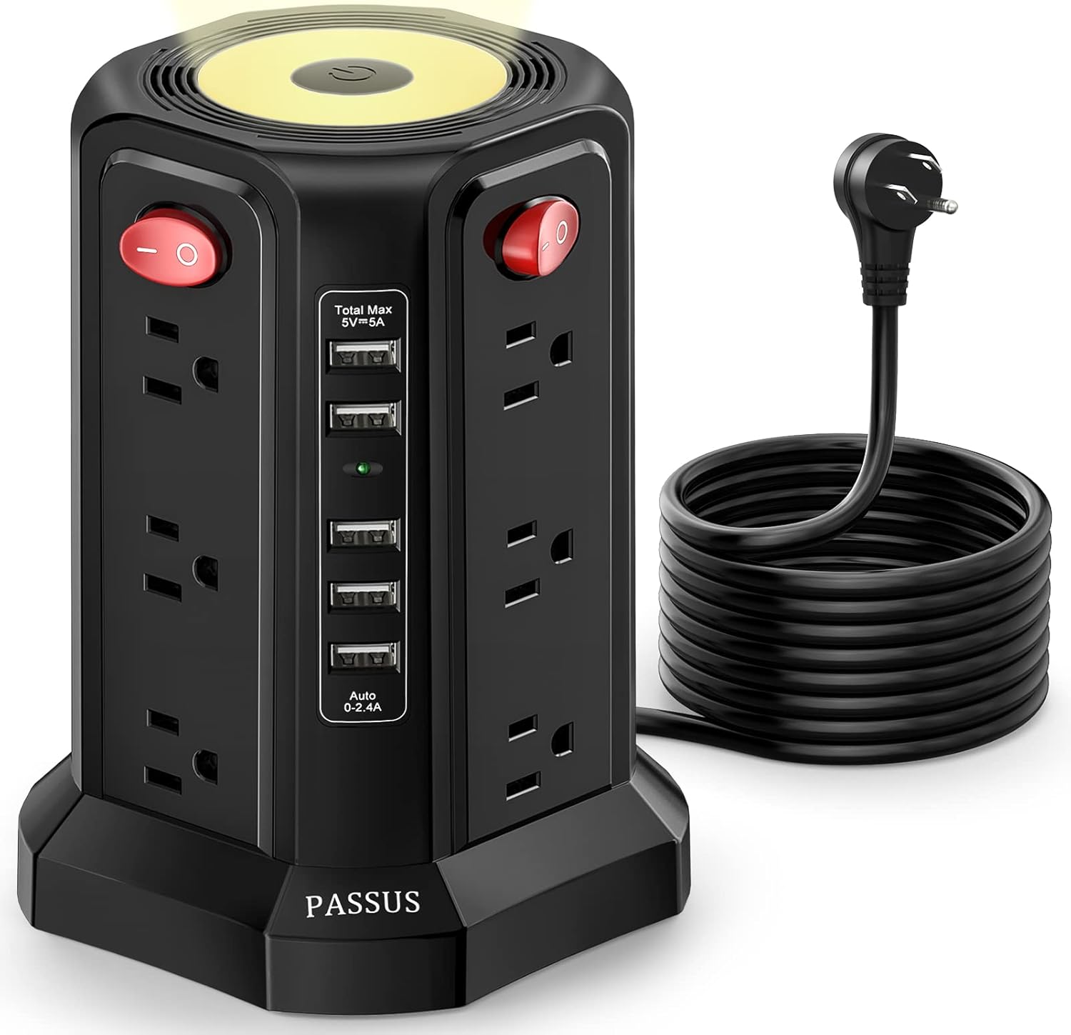 PASSUS Power Tower: 12 AC Outlets, 5 USB Ports, Night Light