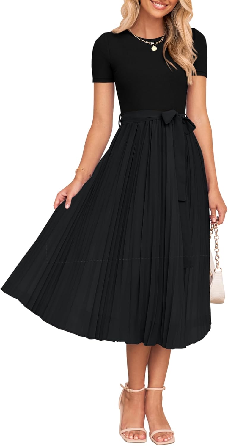 ZESICA Belted Pleated Midi Dress