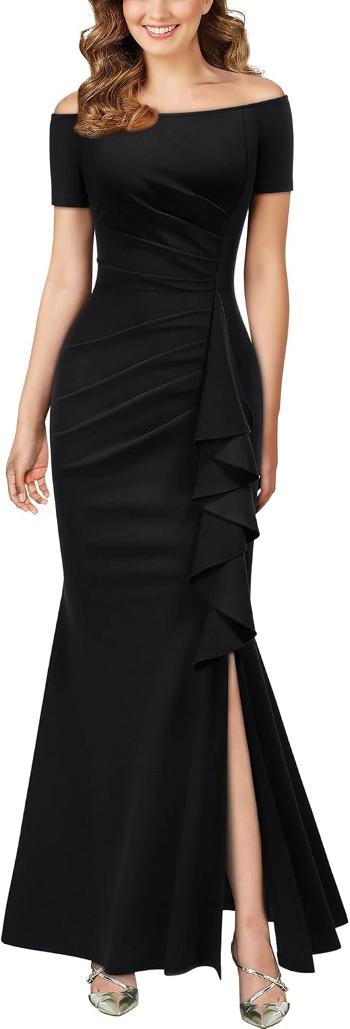 Elegant Off Shoulder Ruffle Formal Evening Long Dress for Women
