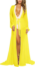 Women's Sexy Thin Mesh Long Sleeve Tie Front Swimsuit Cover Up Dress